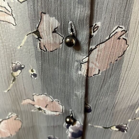 EXPRESS gray floral blouse long sleeves sheer fabric ties at neck high collar S - Picture 4 of 11